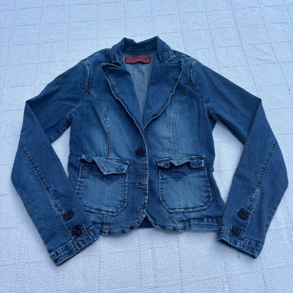 Women's Small Y2K HOT KISS Denim Stretch Long Sleeve Blazer Jacket
